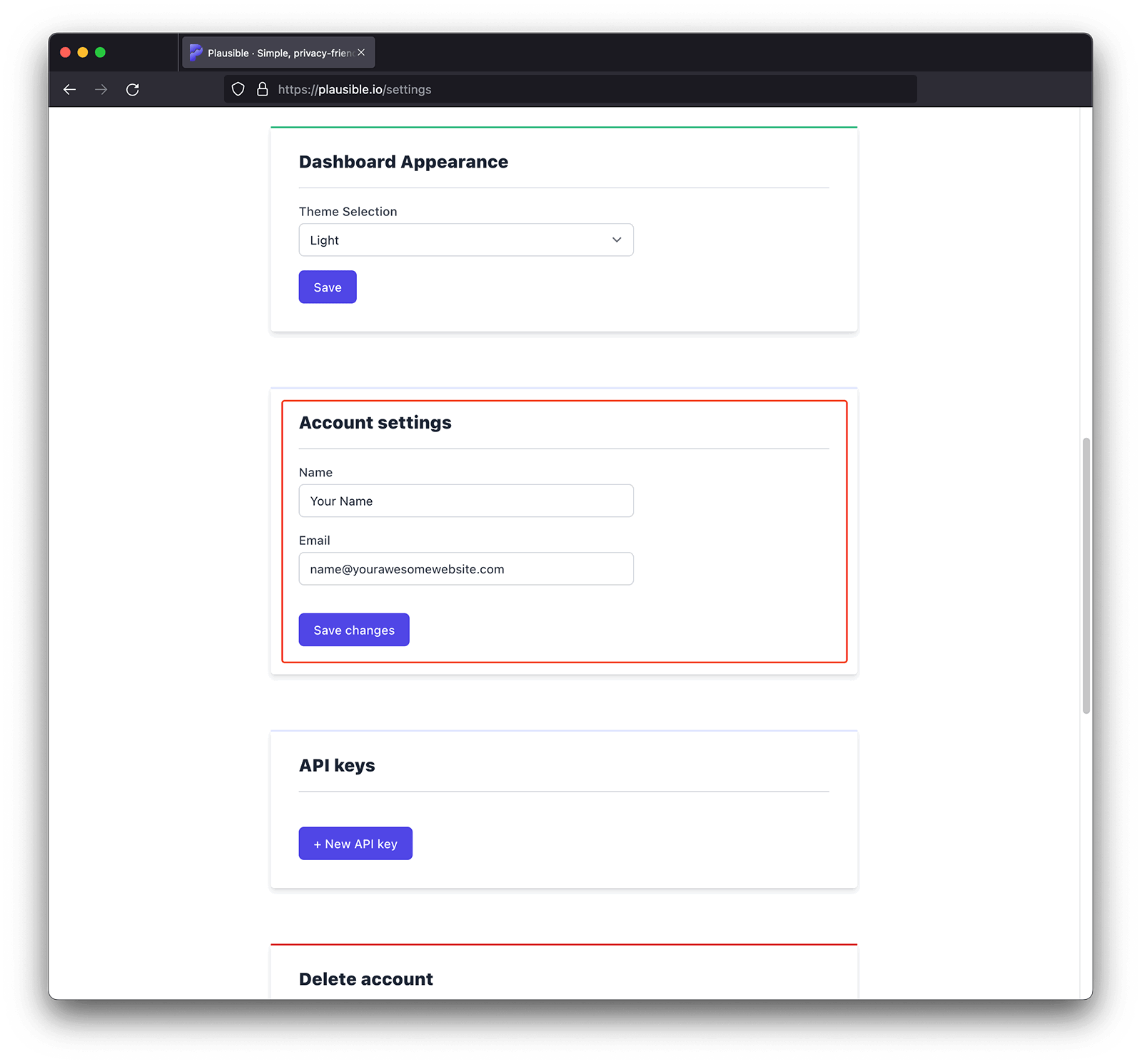Change your account name and/or email address