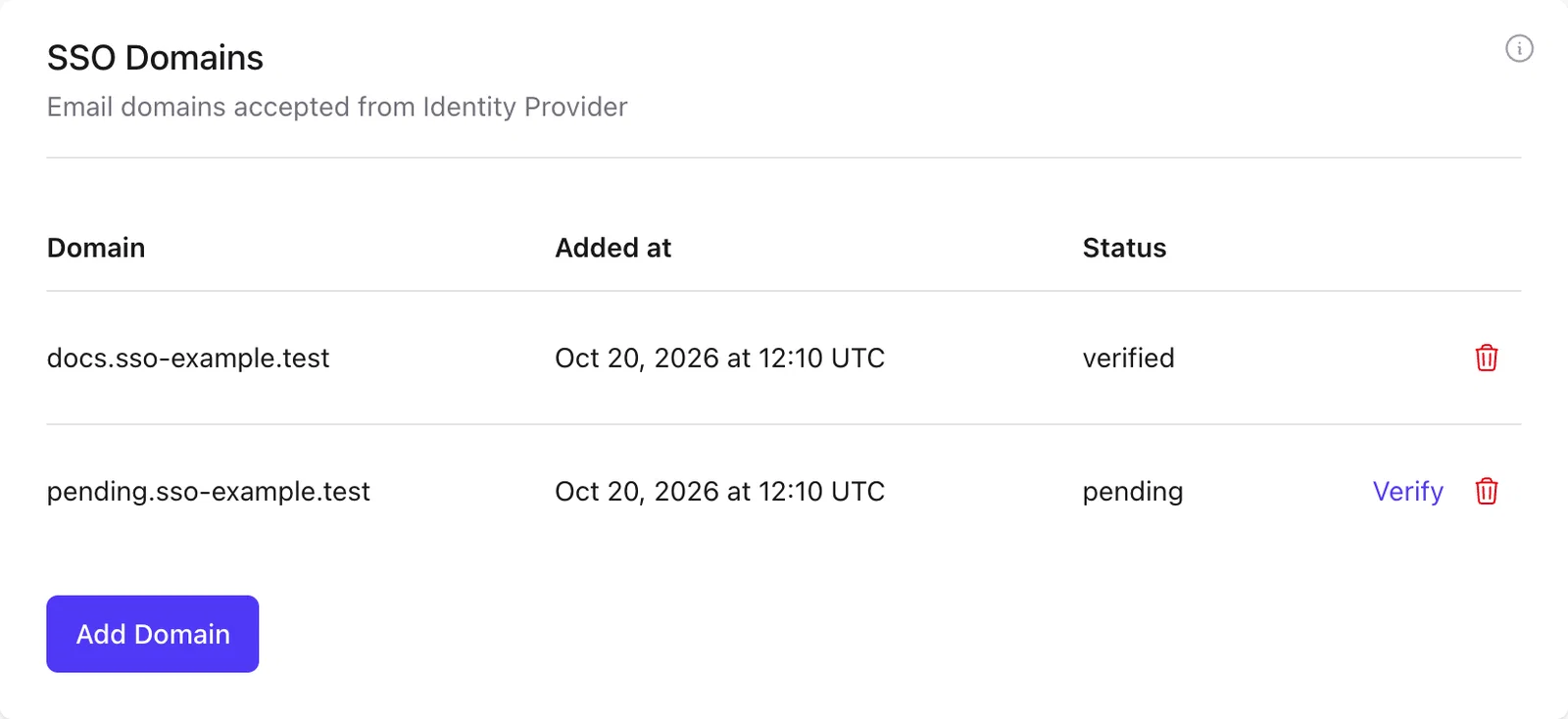 Plausible SSO domains table showing verified and pending sample domains