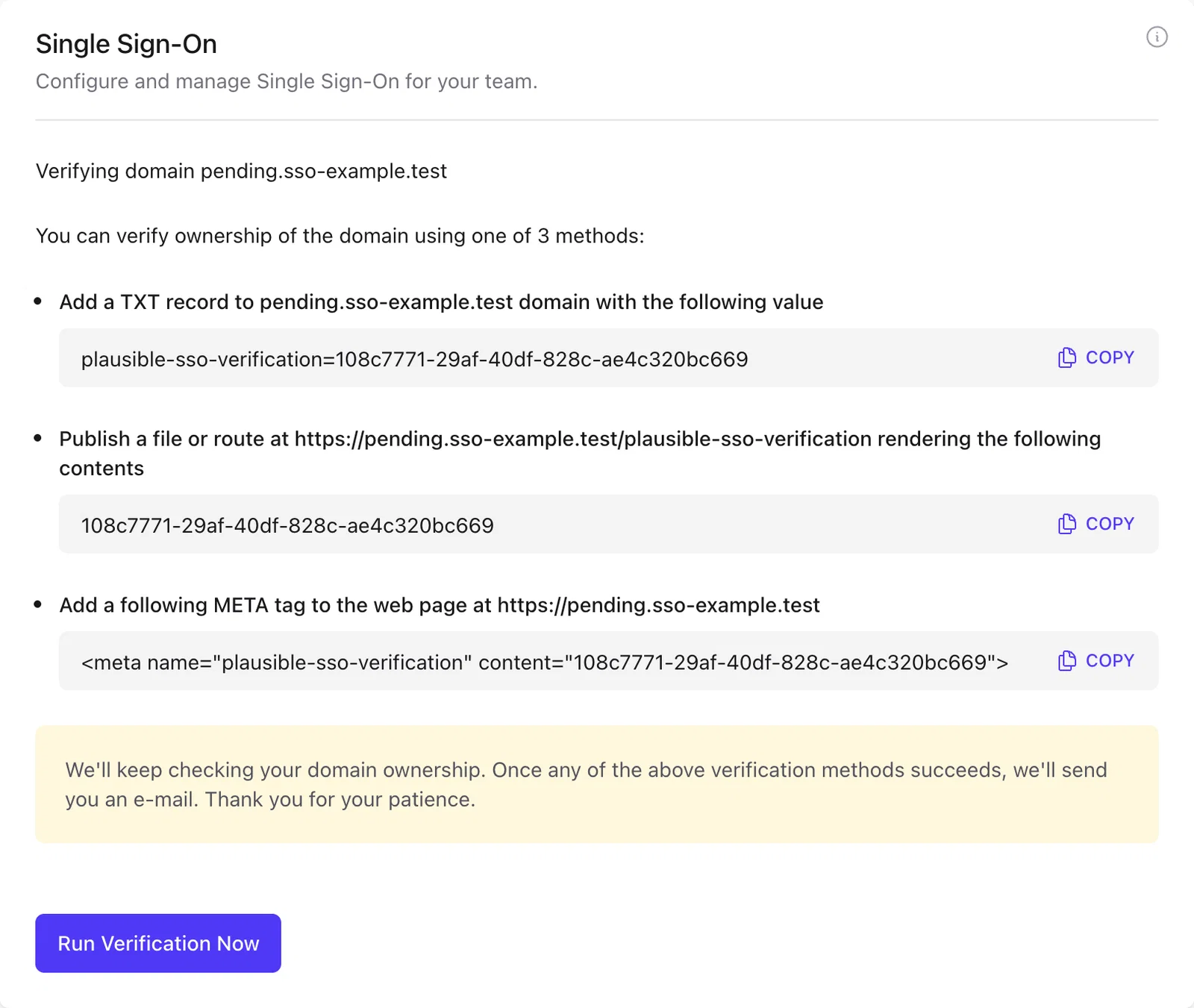Plausible SSO domain verification instructions with Run Verification Now