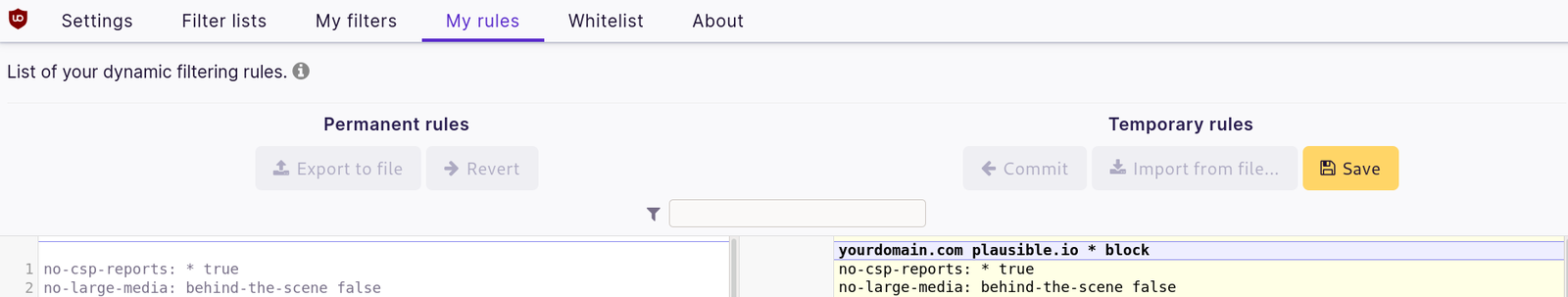 Add a new rule the uBlock Origin dashboard