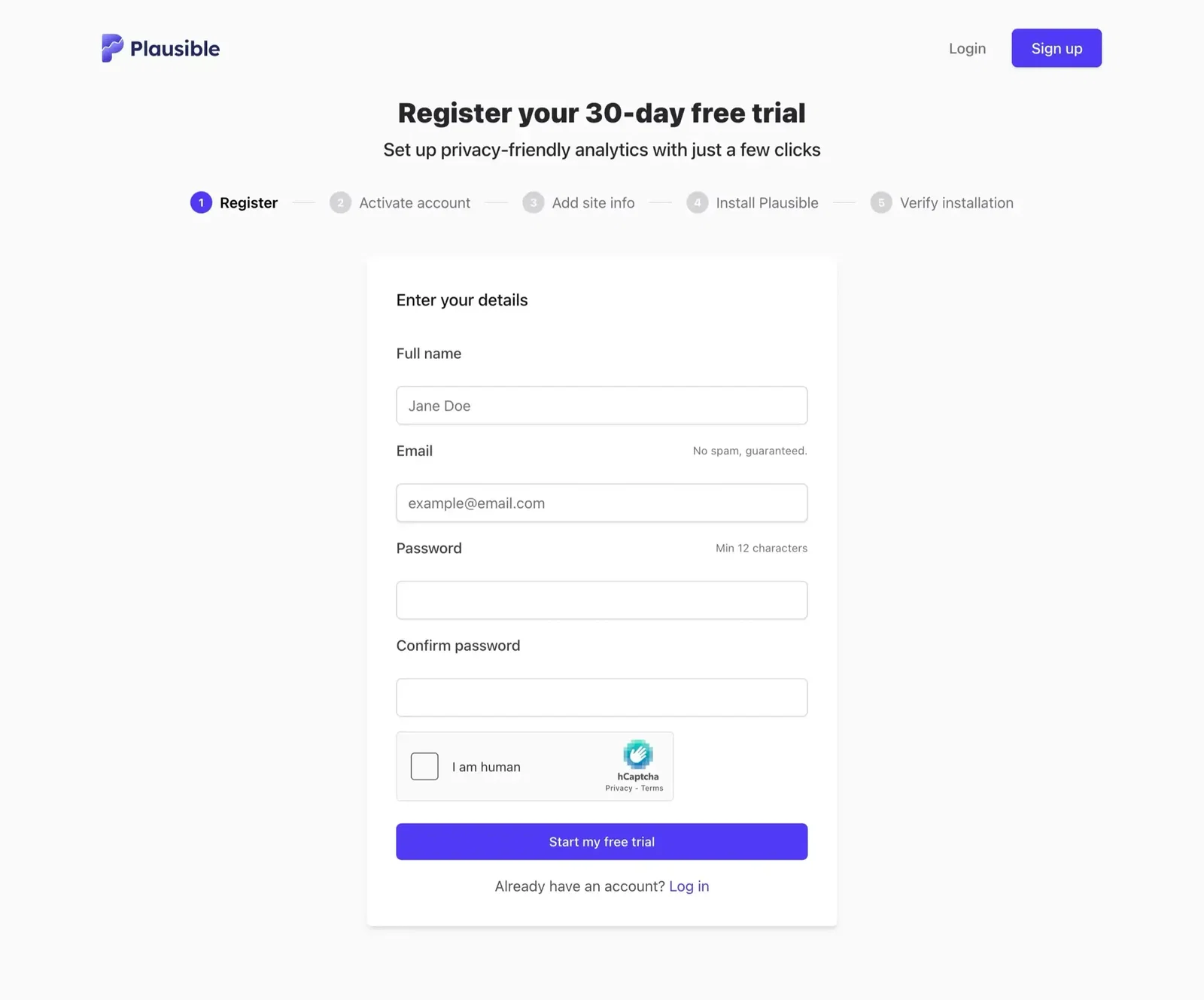 Register for an account with Plausible Analytics