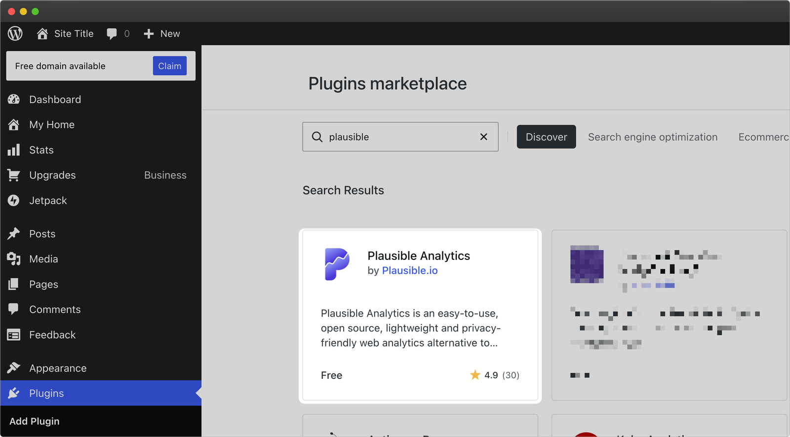 Search and install the "Plausible Analytics" WordPress plugin